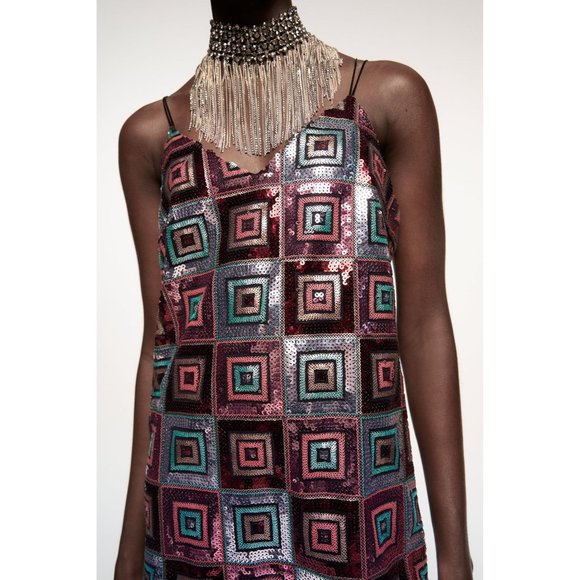 ZARA NYE SEQUIN BOHO SQUARE PATHWORK MINI DRESS - Picture 3 of 16